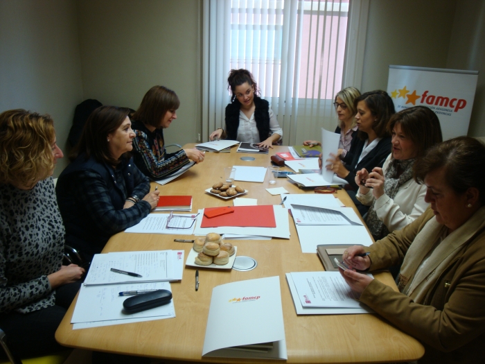 Desde la izquierda, Patricia Luquin, Carmen Sánchez, Sara Fernández, Maru Díaz, Pili Mar Zamora, Marián Orós, Carmen Martínez y Rosario Gómez reunidas en la sede de la FAMCP.